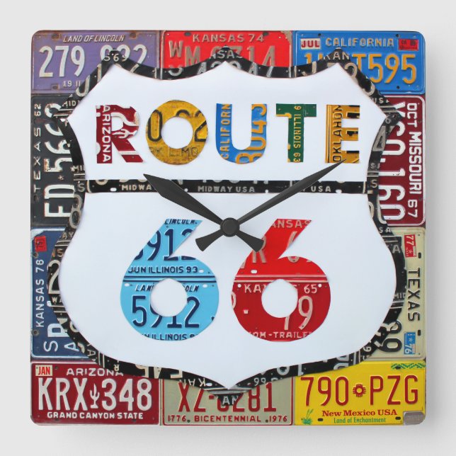 Route 66 License Plate Art by Design Turnpike Square Wall Clock (Front)