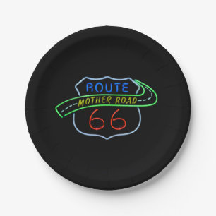 Route 66 Mother Road Neon Sign Paper Plate