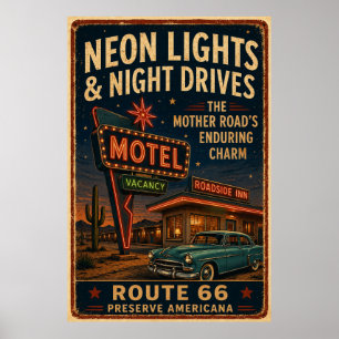 route 66 Neon Motel Night Drive Americana Decor