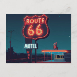 Route 66 Neon Motel Night Travel Art Holiday Postcard