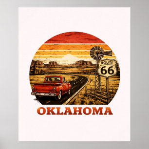 Route 66 Oklahoma Retro Stripe Sunset Pickup Truck Poster
