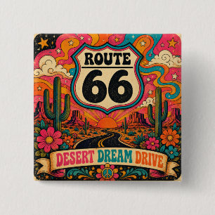 Route 66 Psychedelic Seventies Highway Badge 2 Inch Square Button