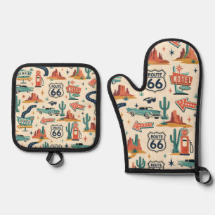 Route 66 Retro Kitchen Road Trip Heat Oven Mitt & Pot Holder Set