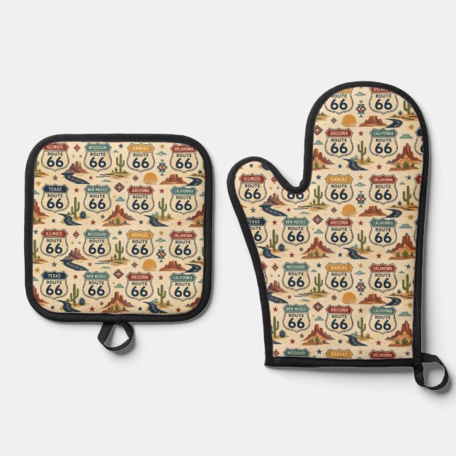 route 66 Retro Oven Mitt Kitchen Decor & Pot Holder Set (Front)