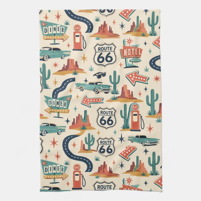 Route 66 Retro Roadside Kitchen Style Towel (Vertical)