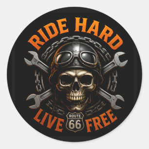 ☠️ Route 66 Skull Graphic For Hardcore Bikers 🛣️ Classic Round Sticker