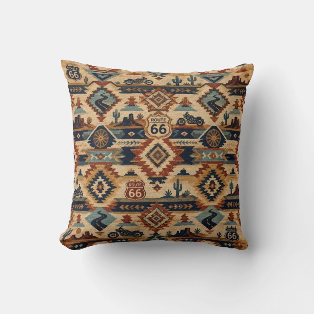 Route 66 Southwest Motorcycle Tapestry Throw Pillow (Front)