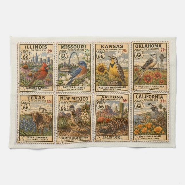 Route 66 State Birds Flowers Textiles Kitchen Towel (Horizontal)