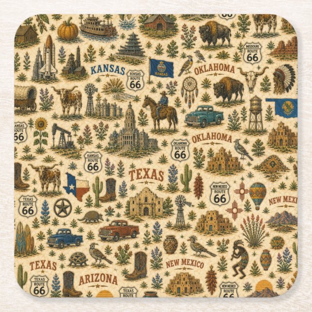 Route 66 States Roadtrip Sips Square Paper Coaster (Front)