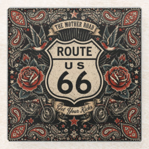 Route 66 Tattoo Bar Room Style Glass Coaster