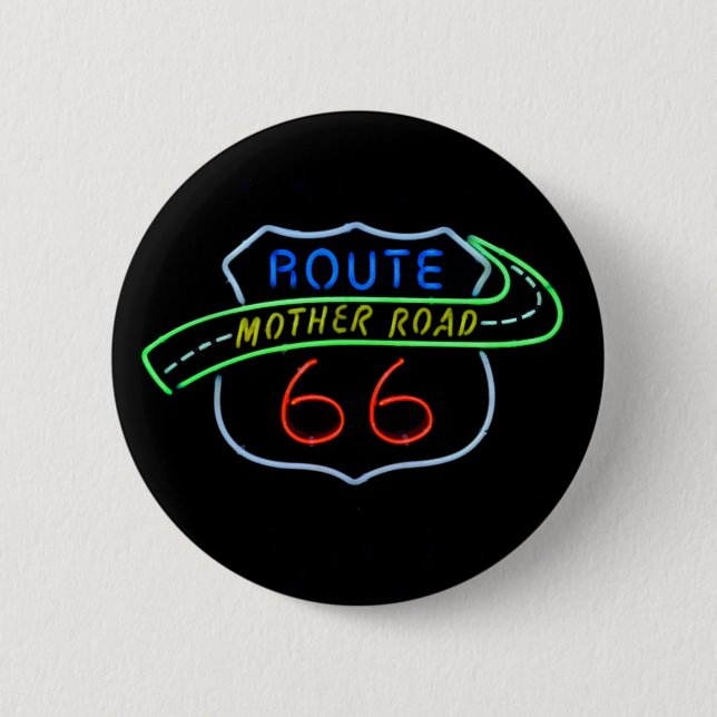 Route 66, The Mother Road, Neon Sign 2 Inch Round Button (Front)