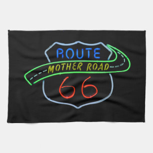 Route 66, The Mother Road, Neon Sign Kitchen Towel