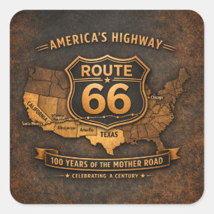 route 66 Travel Decal Vintage Map Badge Art Square Sticker