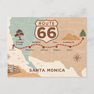 Route 66 Vintage Map with Historic Cities Holiday Postcard