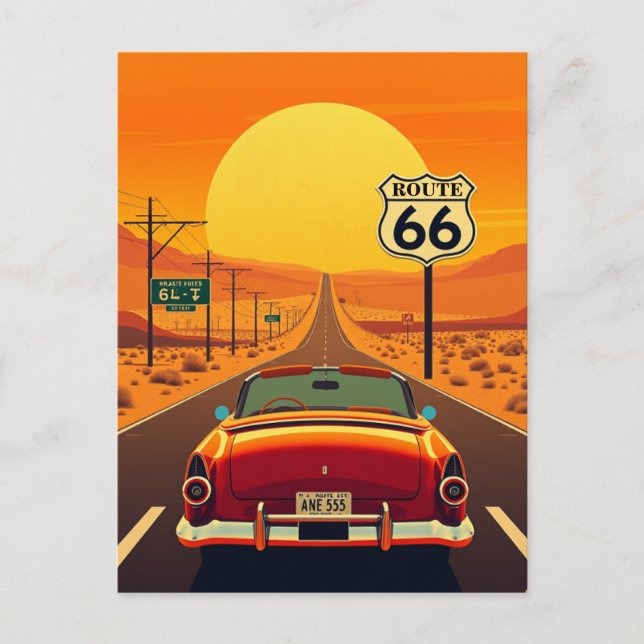 Route 66 Vintage Sunset Highway with Car Postcard (Front)