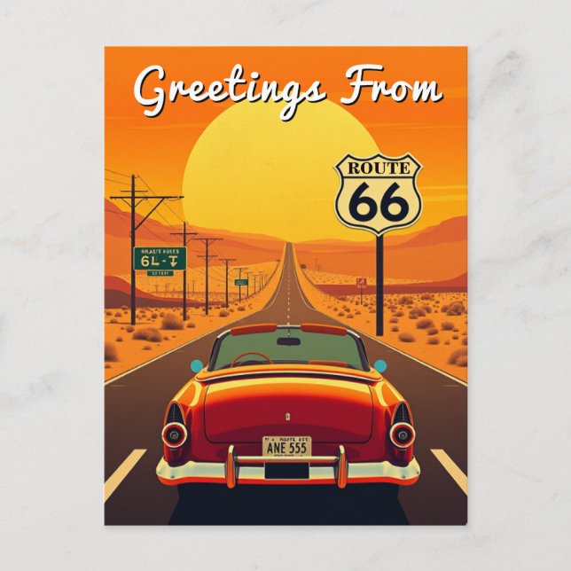 Route 66 Vintage Sunset Highway with Car Postcard (Front)