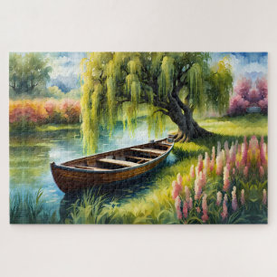 Row Boat in pond near willow tree Jigsaw Puzzle