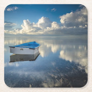 Row Boat On The Water Square Paper Coaster
