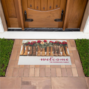 Row of Boots with Flowers Doormat