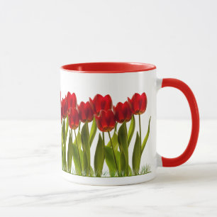 Row of Bright Red Spring Tulips Girly Mug