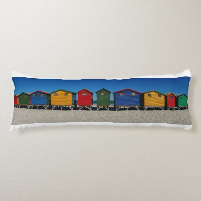 Row of Brightly Coloured Beach Huts Body Pillow (Front)