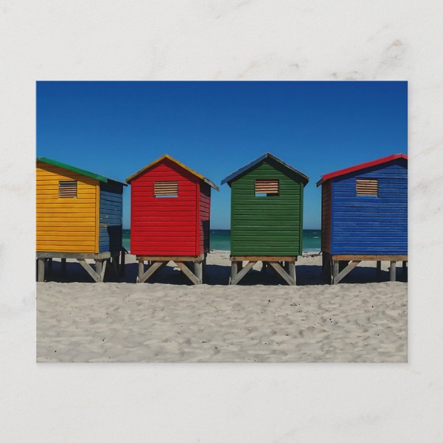 Row of Brightly Coloured Beach Huts Holiday Postcard (Front)