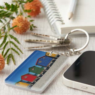 Row of Brightly Coloured Beach Huts Keychain