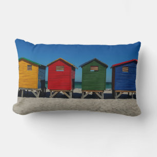 Row of Brightly Coloured Beach Huts Lumbar Pillow
