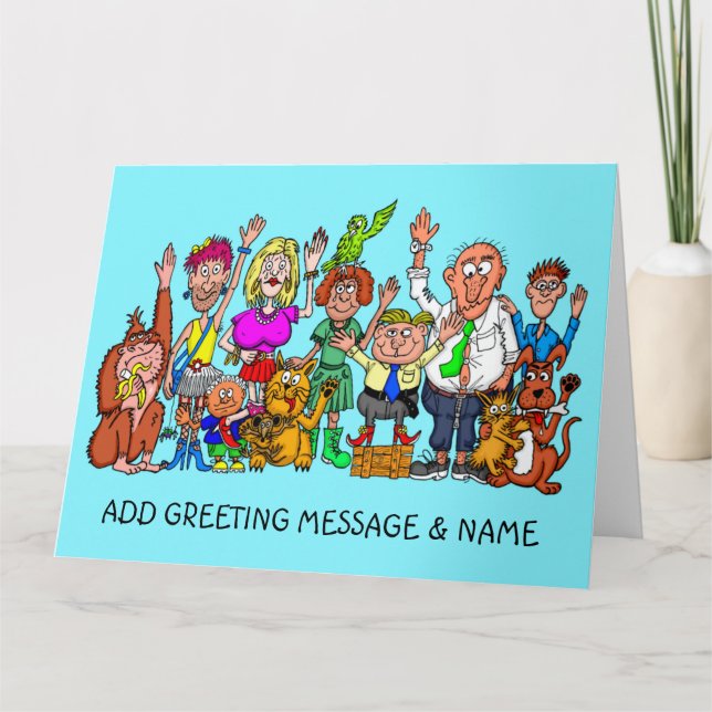 Row Of Cartoon People Waving Goodbye Card (Front)