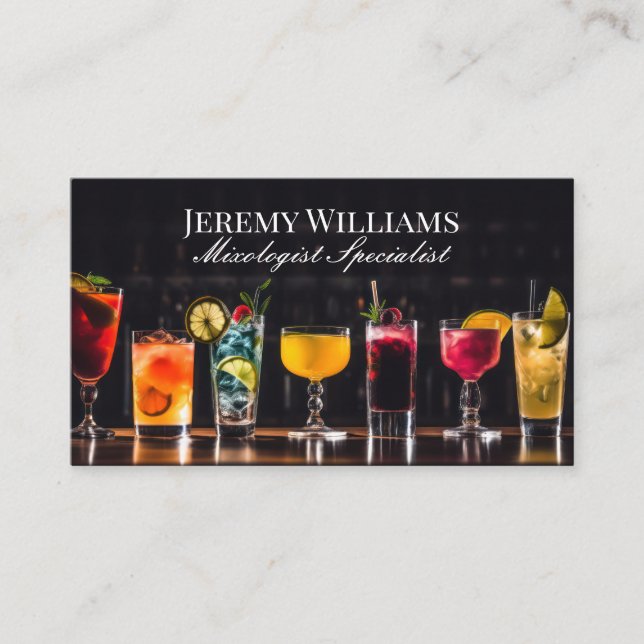 Row of Cocktail Drinks at Bar Business Card (Front)