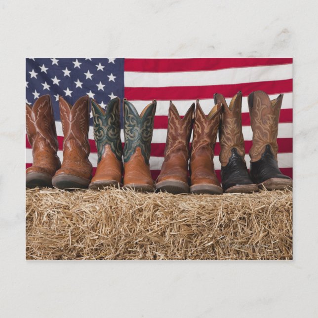 Row of cowboy boots on haystack postcard (Front)