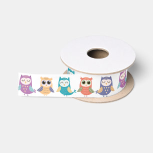 Row of Cute Pastel Owls Satin Ribbon