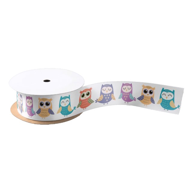 Row of Cute Pastel Owls Satin Ribbon (Spool)