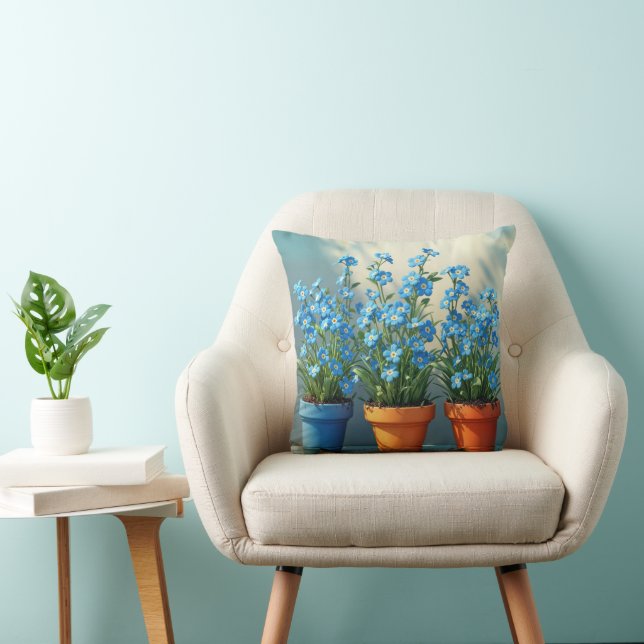 Row of Forget-Me-Not Plants In Flower Pots Throw Pillow (Chair)
