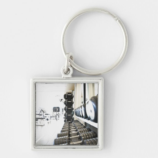 Row of free weights in foreground and exercise keychain (Front)