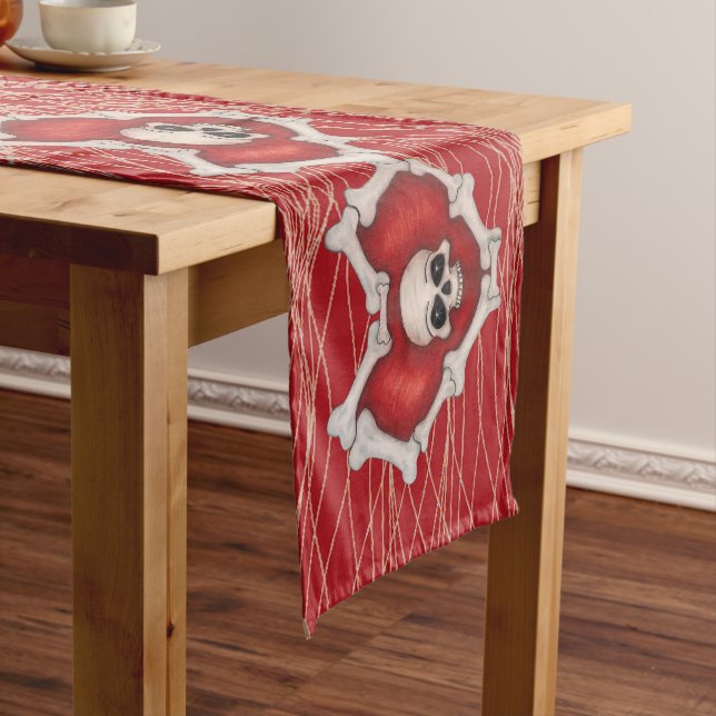 Row of Gothic Red Hearts With Bones Skulls Spirals Short Table Runner (In Situ)