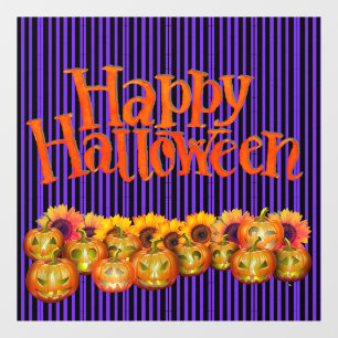 Row of Jack O'Lanterns and Flowers Halloween Window Cling