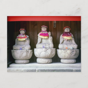Row of Jizo monk statues with bib and hat - Japan Postcard