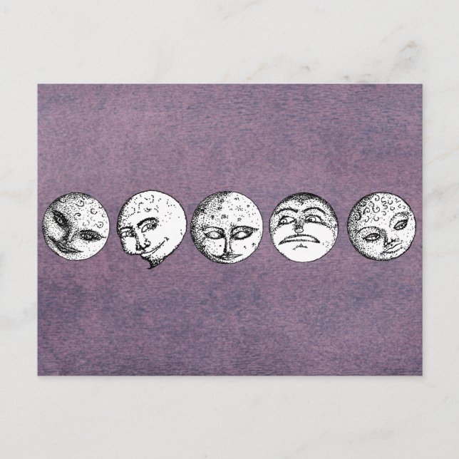Row of Moon Faces on Purple Postcard (Front)
