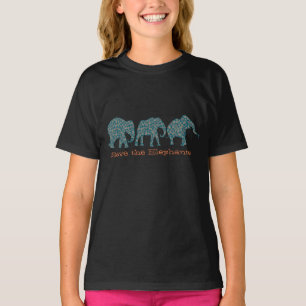 Row of Paisley Elephants on Girls Black T-shirt