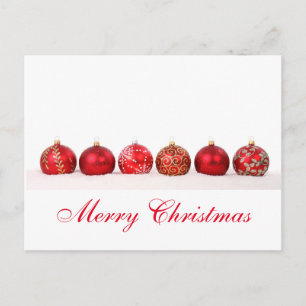 Row of Red Glass Christmas Balls in the Snow Holiday Postcard