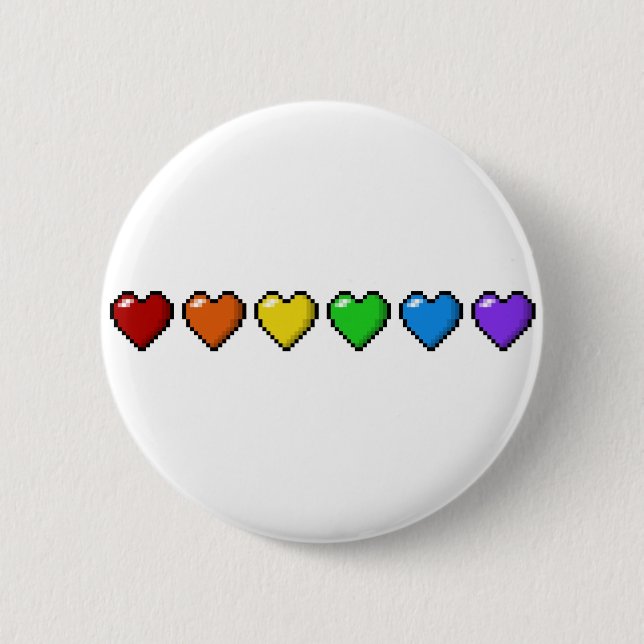 Row of Six LGBTQ Pride Rainbow Pixel Hearts 2 Inch Round Button (Front)