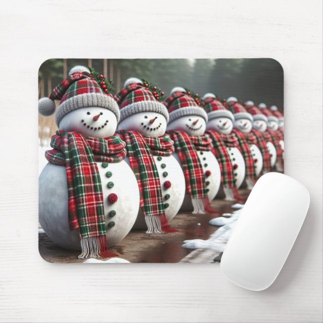 Row of Snowmen Wearing Tartan Plaid Scarves Mouse Pad (With Mouse)