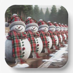 Row of Snowmen Wearing Tartan Plaid Scarves Paper Plate