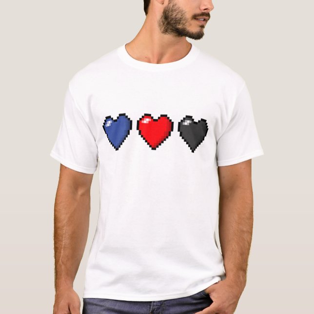 Row of Three Polyamory Pride Flag Pixel Hearts T-Shirt (Front)