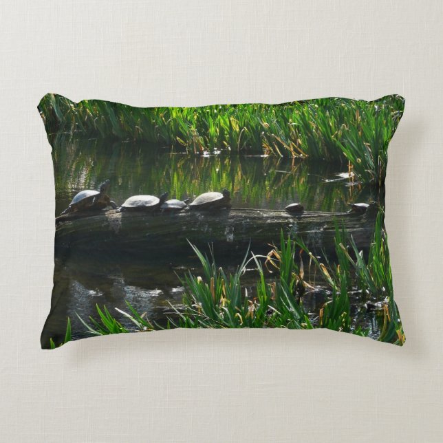 Row of Turtles Green Nature Photo Decorative Pillow (Front)