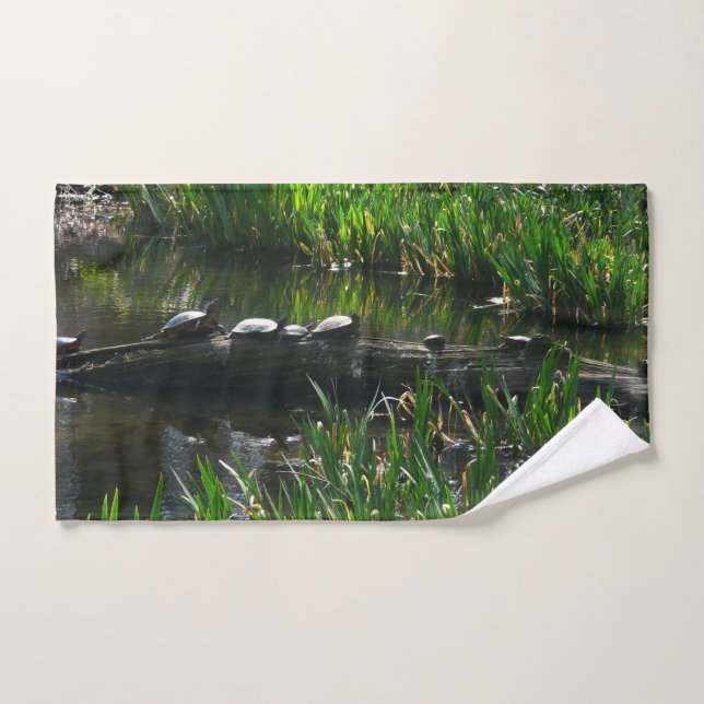 Row of Turtles Green Nature Photo Hand Towel (Hand Towel)