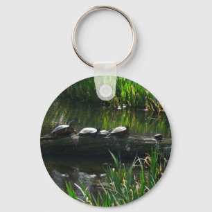 Row of Turtles Green Nature Photo Keychain