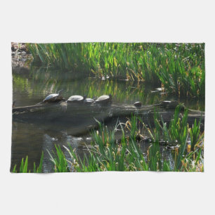 Row of Turtles Green Nature Photo Kitchen Towel