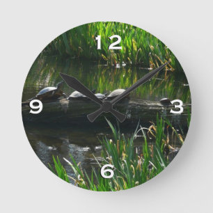 Row of Turtles Green Nature Photo Round Clock